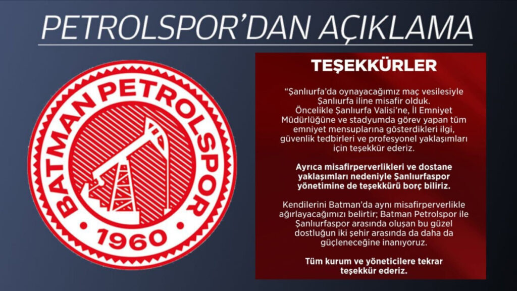 Petrolspor’dan Şanlıurfa’ya Teşekkür
